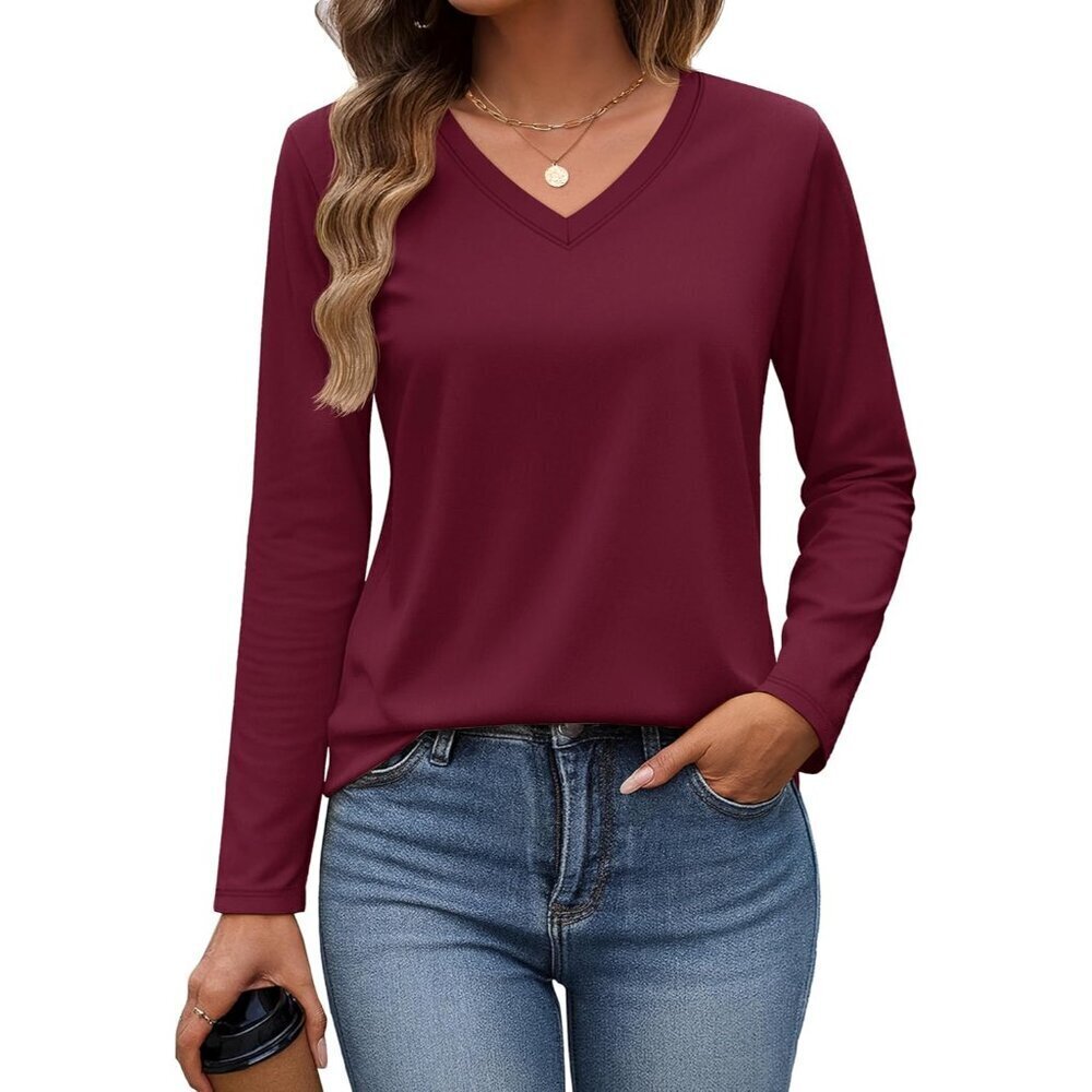 Womens Long Sleeve Cotton V Neck Basic T Shirt Casual Top Regular Fit